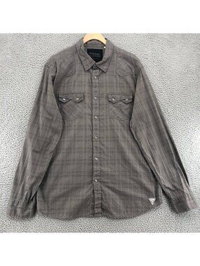 GUESS Shirt Mens XXL Gray Plaid Pearl Snap Collared Long Sleeve Embroidered Logo